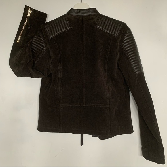 Mango Jacket Brown Suede Bomber Moto Aviator Gold Zip Accent Leather Panel Small - Picture 11 of 16